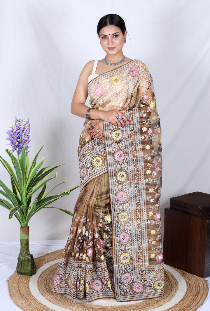 Elegant Organza Saree with Lukhnowi Embroidery | Satin-Banglori Blouse for Weddings