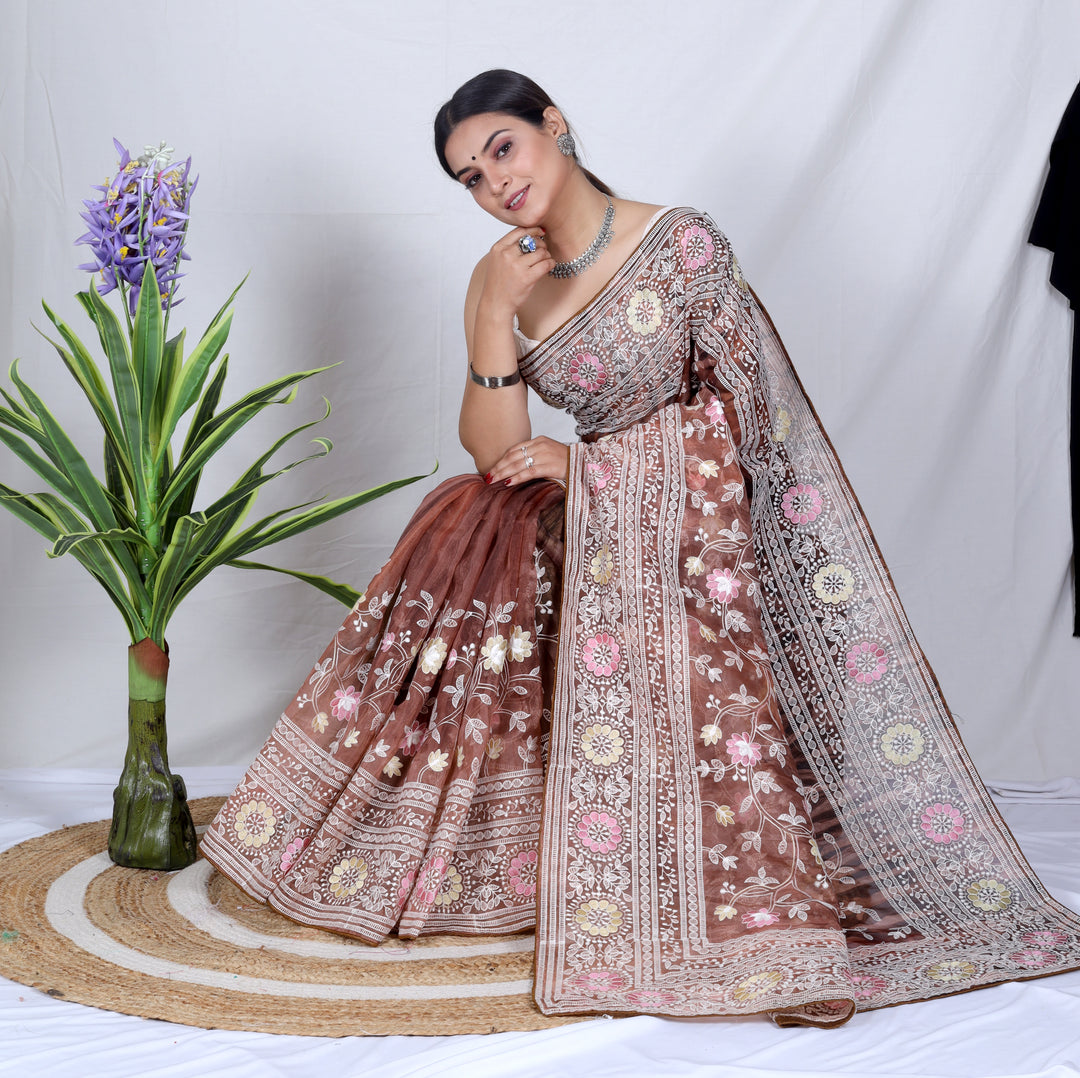 Elegant Organza Saree with Lukhnowi Embroidery | Satin-Banglori Blouse for Weddings