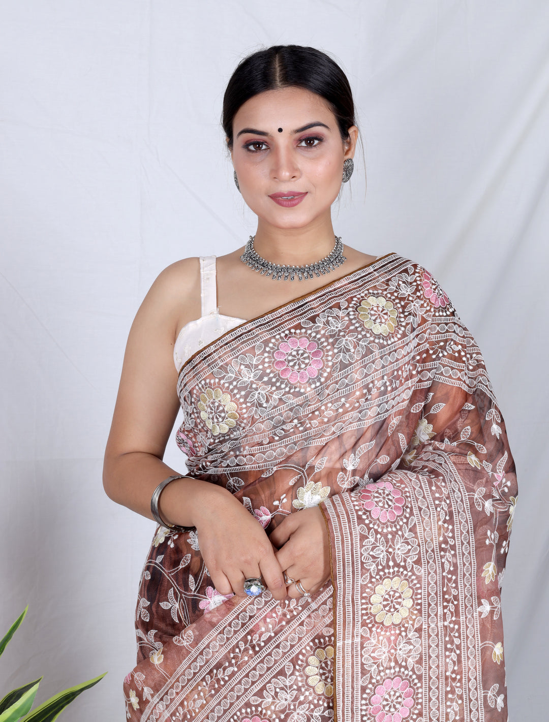 Elegant Organza Saree with Lukhnowi Embroidery | Satin-Banglori Blouse for Weddings