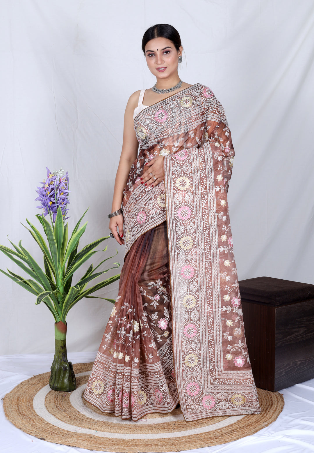 Elegant Organza Saree with Lukhnowi Embroidery | Satin-Banglori Blouse for Weddings