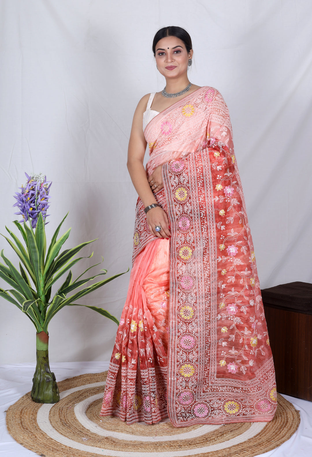 Elegant Organza Saree with Lukhnowi Embroidery | Satin-Banglori Blouse for Weddings