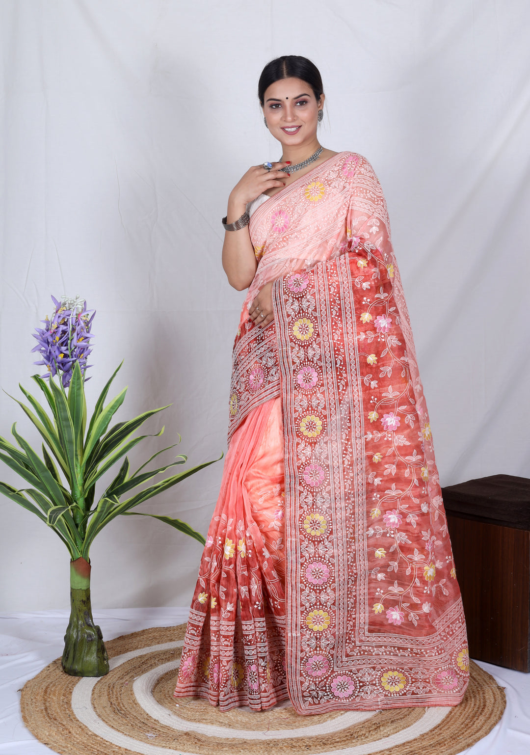 Elegant Organza Saree with Lukhnowi Embroidery | Satin-Banglori Blouse for Weddings