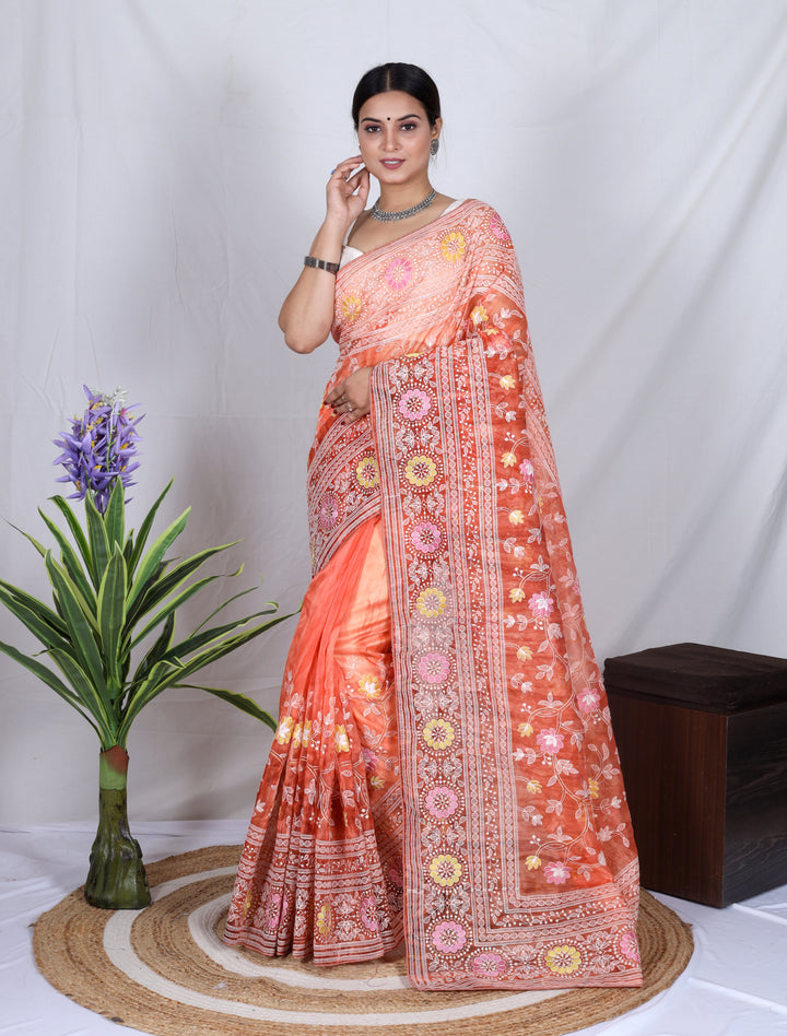 Elegant Organza Saree with Lukhnowi Embroidery | Satin-Banglori Blouse for Weddings