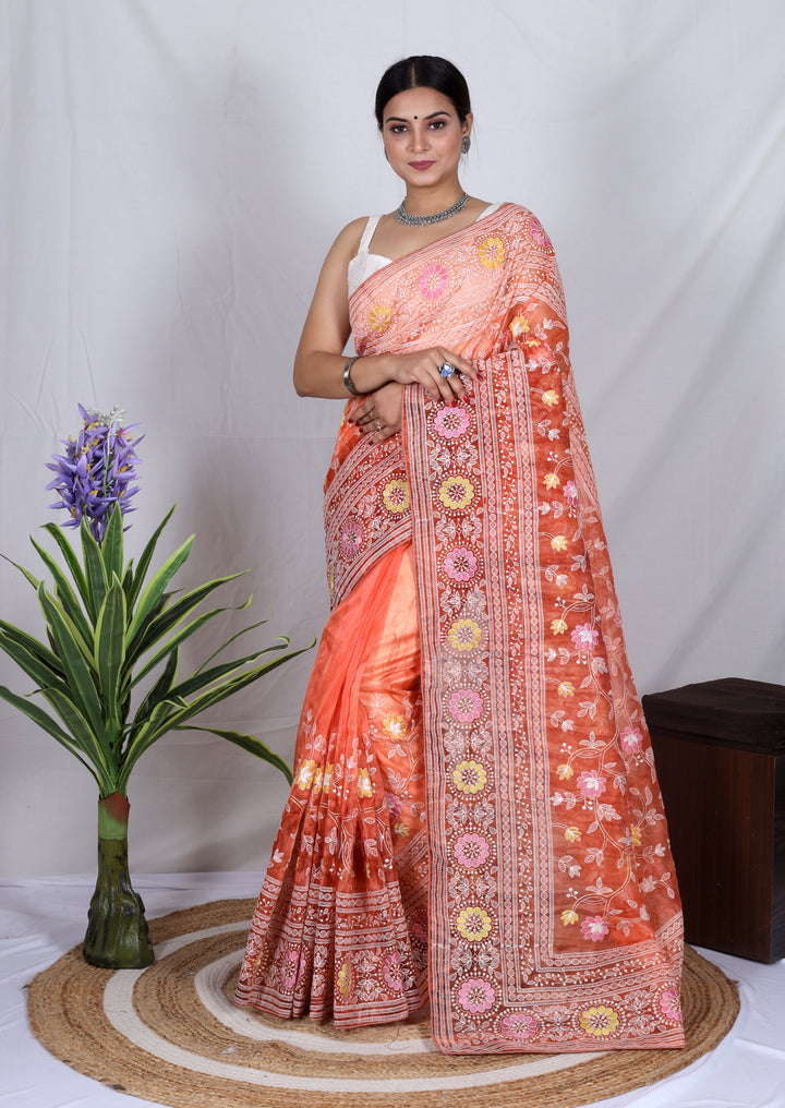 Elegant Organza Saree with Lukhnowi Embroidery | Satin-Banglori Blouse for Weddings