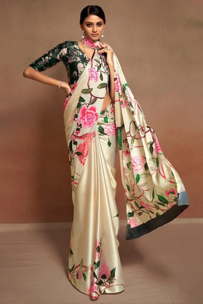 Elegant Digital-Printed Japan-Satin Saree for Weddings & Special Events | Festive Traditional Wear