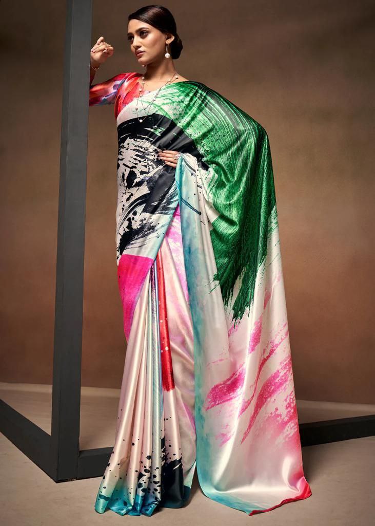 Elegant Digital Printed Japan Satin Saree | Perfect for Weddings & Festive Occasions