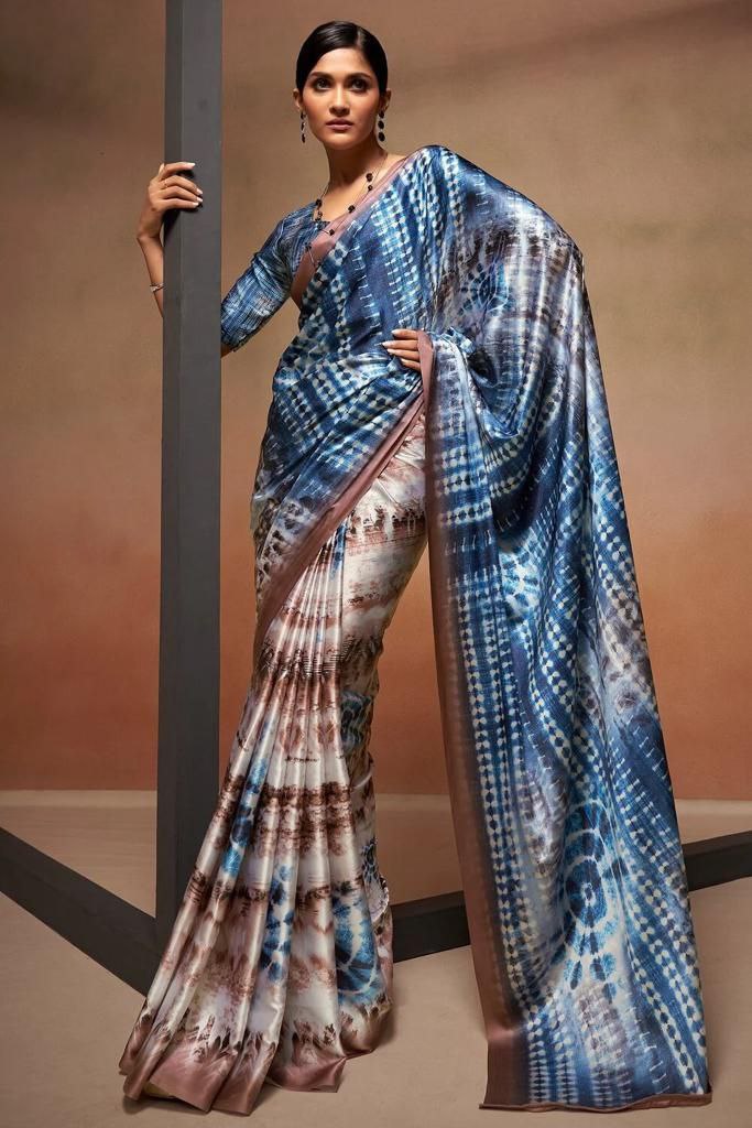 Metallic Blue Japan Satin Saree | Digital Print for Elegant Weddings & Festivities