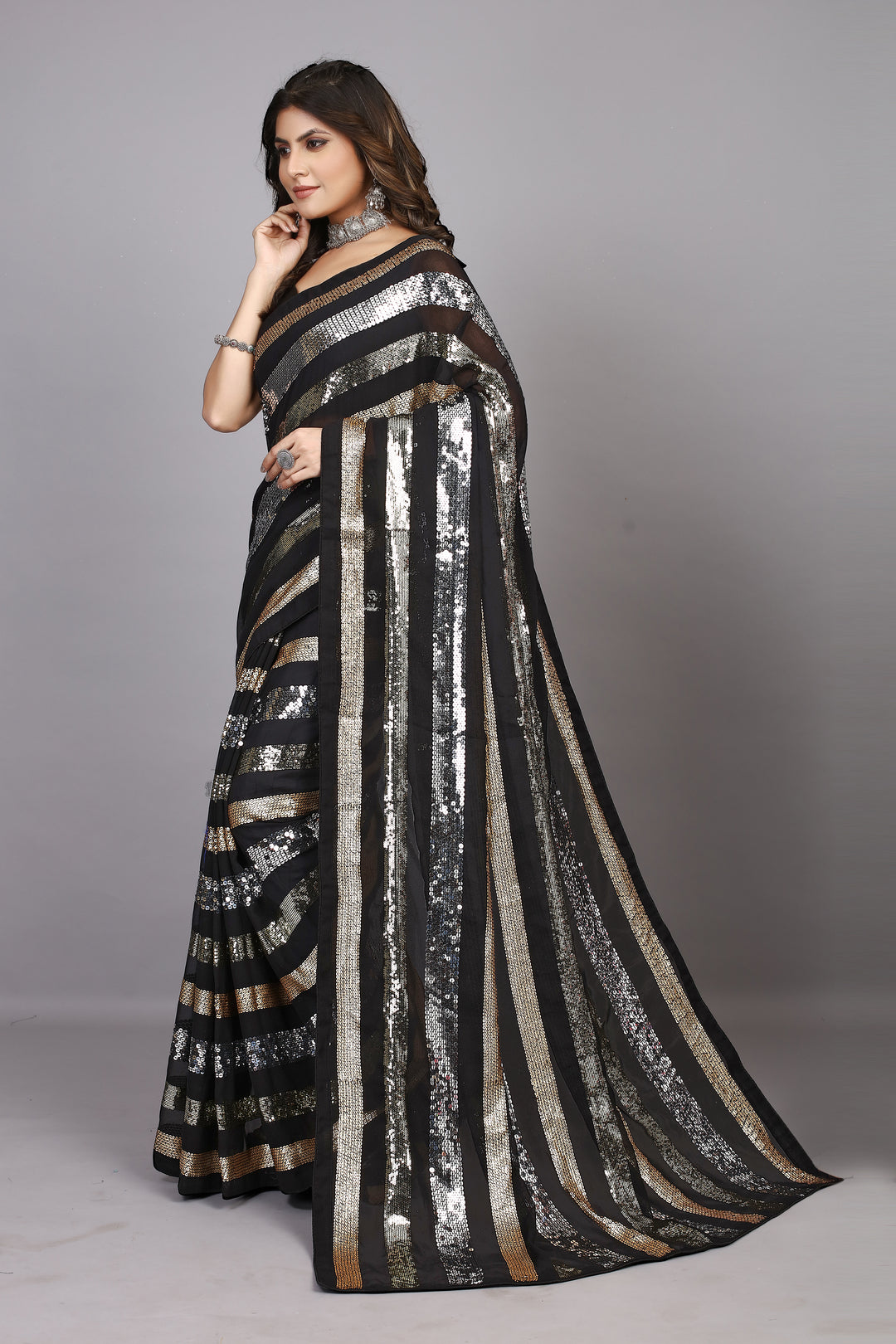 Elegant Georgette Saree with Sequins & Embroidery | Perfect for Weddings & Festive Occasions