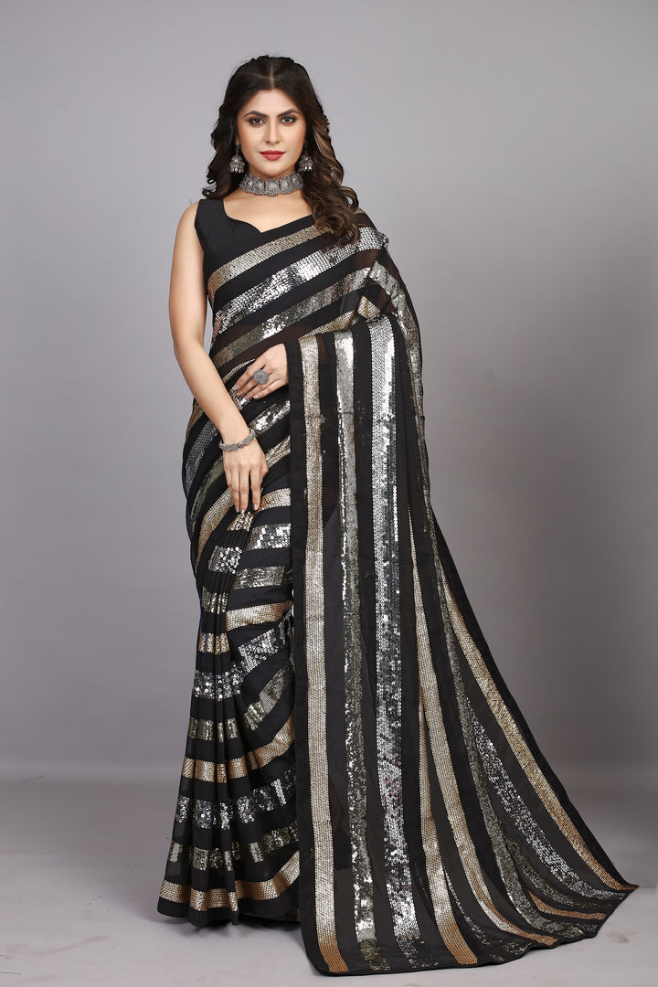 Elegant Georgette Saree with Sequins & Embroidery | Perfect for Weddings & Festive Occasions