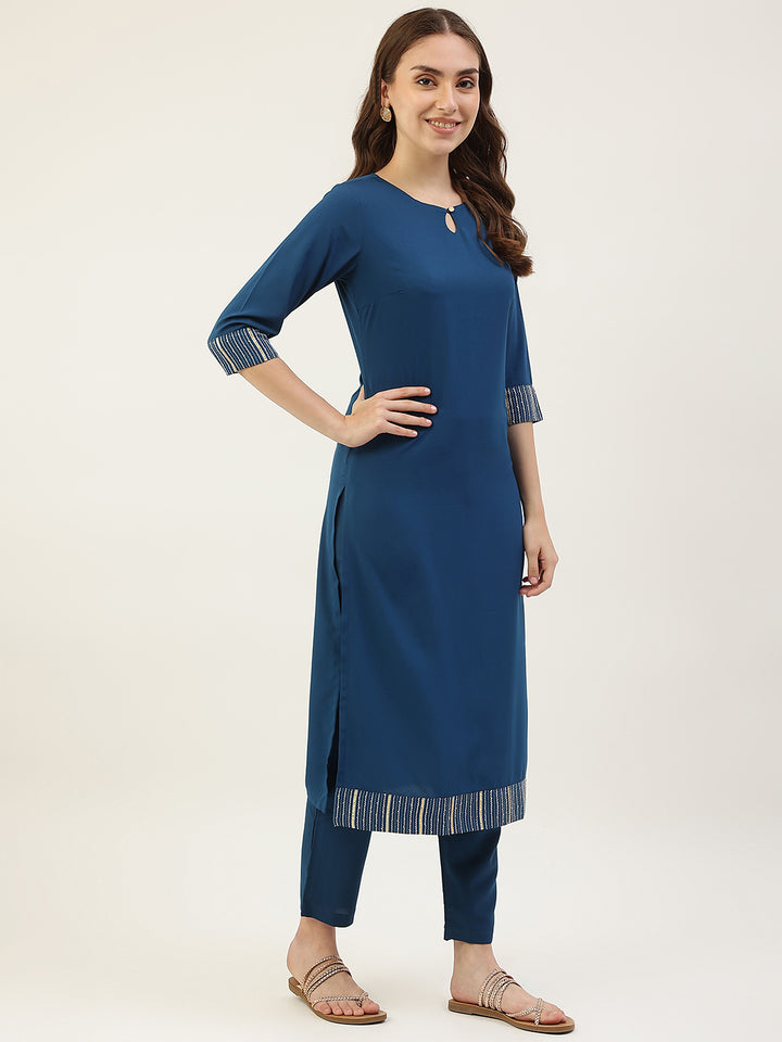 Stylish Crepe Blue Kurti Set | Keyhole Neck & Elbow Sleeves For All Occasions