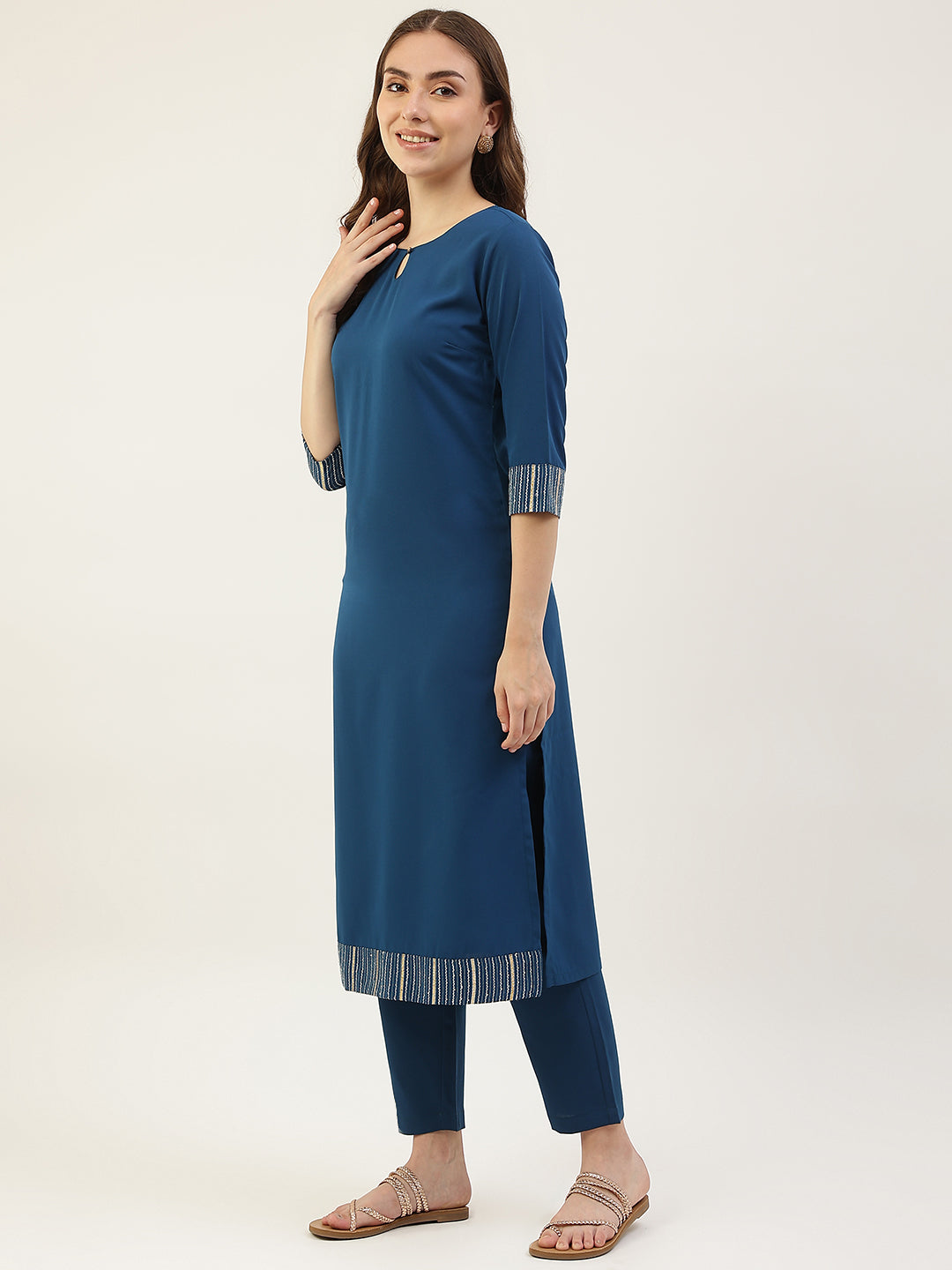 Stylish Crepe Blue Kurti Set | Keyhole Neck & Elbow Sleeves For All Occasions