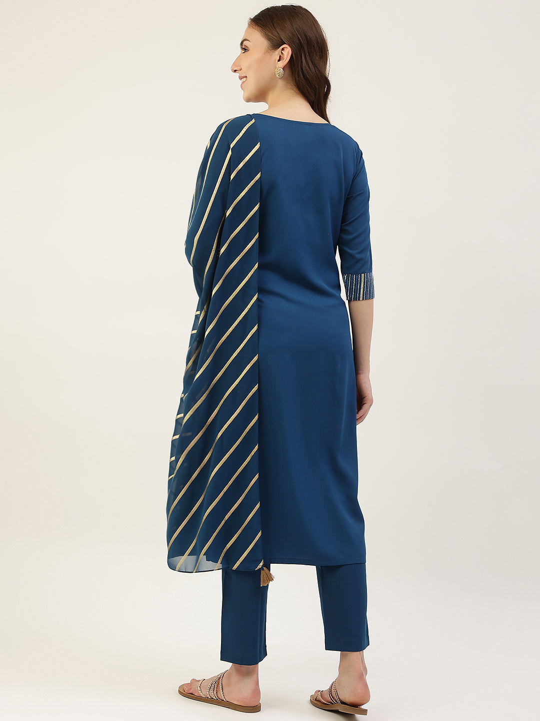 Stylish Crepe Blue Kurti Set | Keyhole Neck & Elbow Sleeves For All Occasions