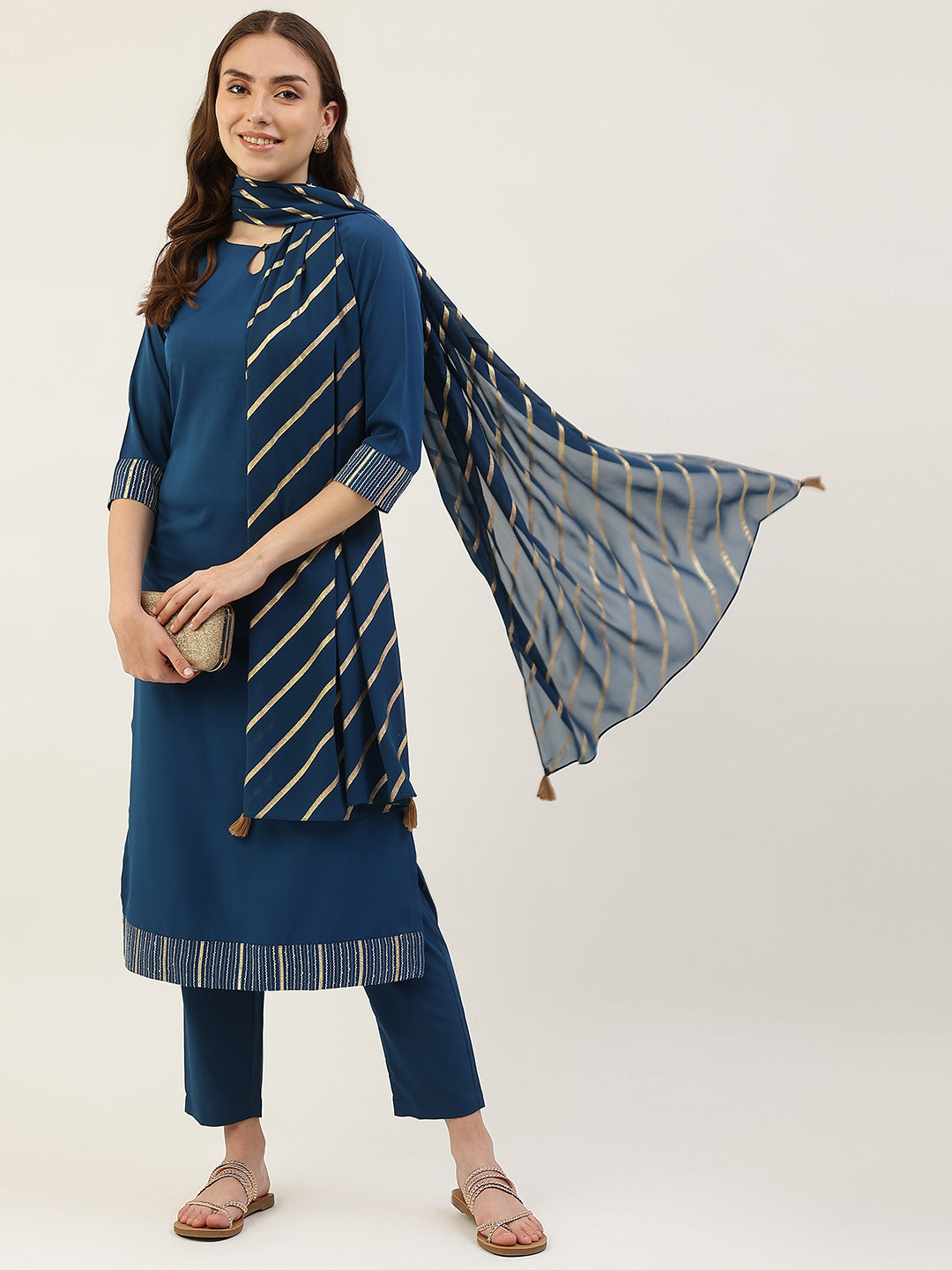 Stylish Crepe Blue Kurti Set | Keyhole Neck & Elbow Sleeves For All Occasions