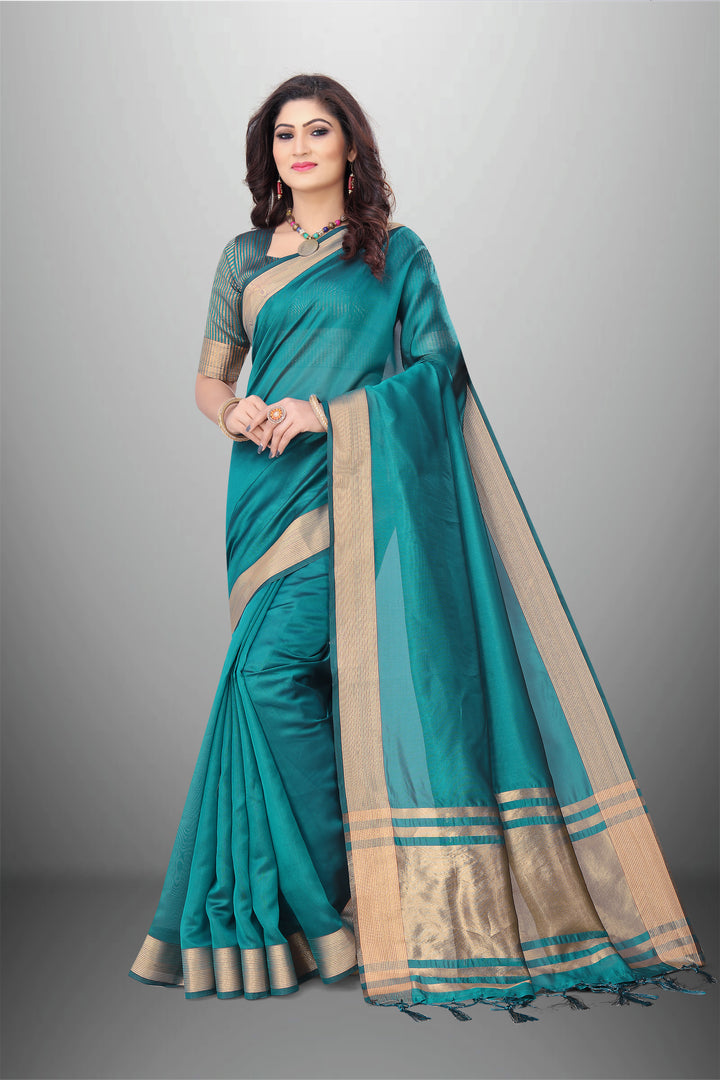 Elegant Cotton-Organza Saree with Wevon-Pallu-Border | Perfect for Weddings and Festive Occasions