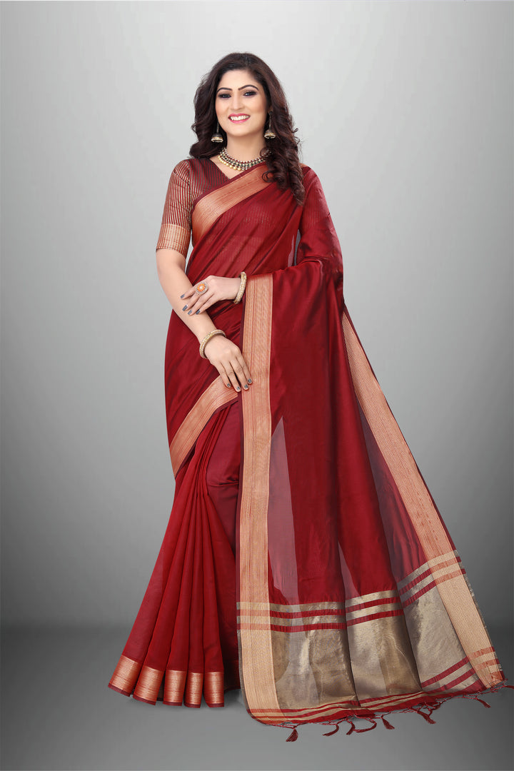 Elegant Cotton-Organza Saree with Wevon-Pallu-Border | Perfect for Weddings and Festive Occasions