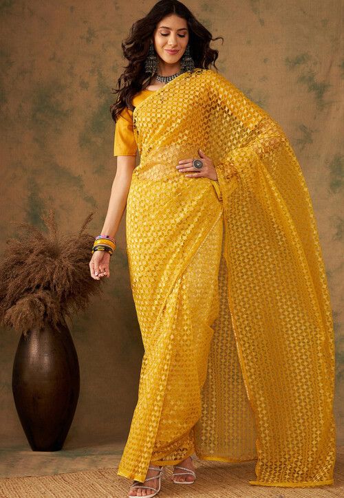 Designer Net Saree with Banglori Blouse | Wevon-Jacquard for Weddings