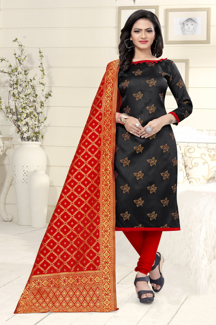 Banarasi Silk Black Kurti Set | Chic Boat-Neck with Tafetta Silk Bottom