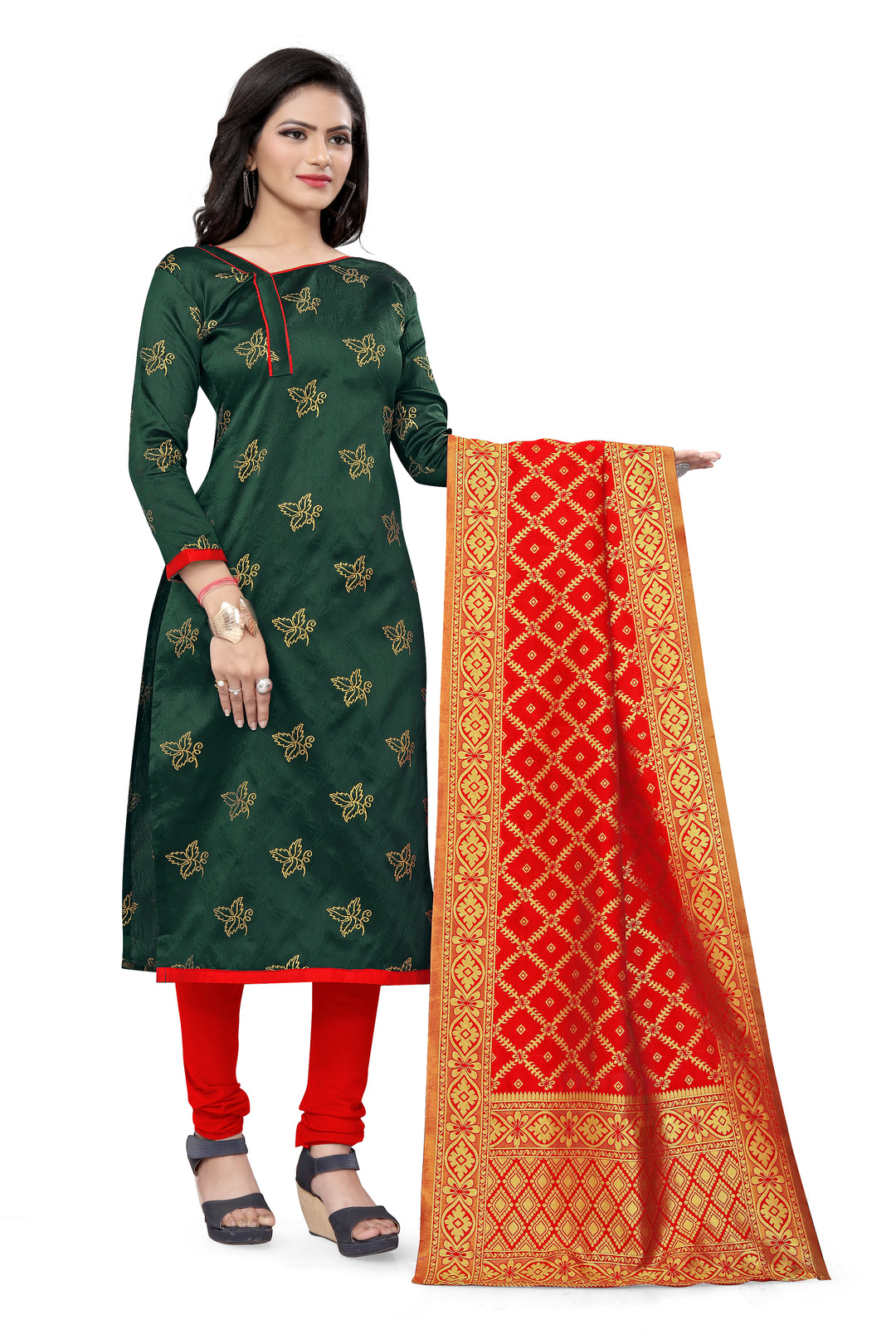 Designer Banarasi Silk Green Kurti Set | Woven Jacquard Dupatta Included