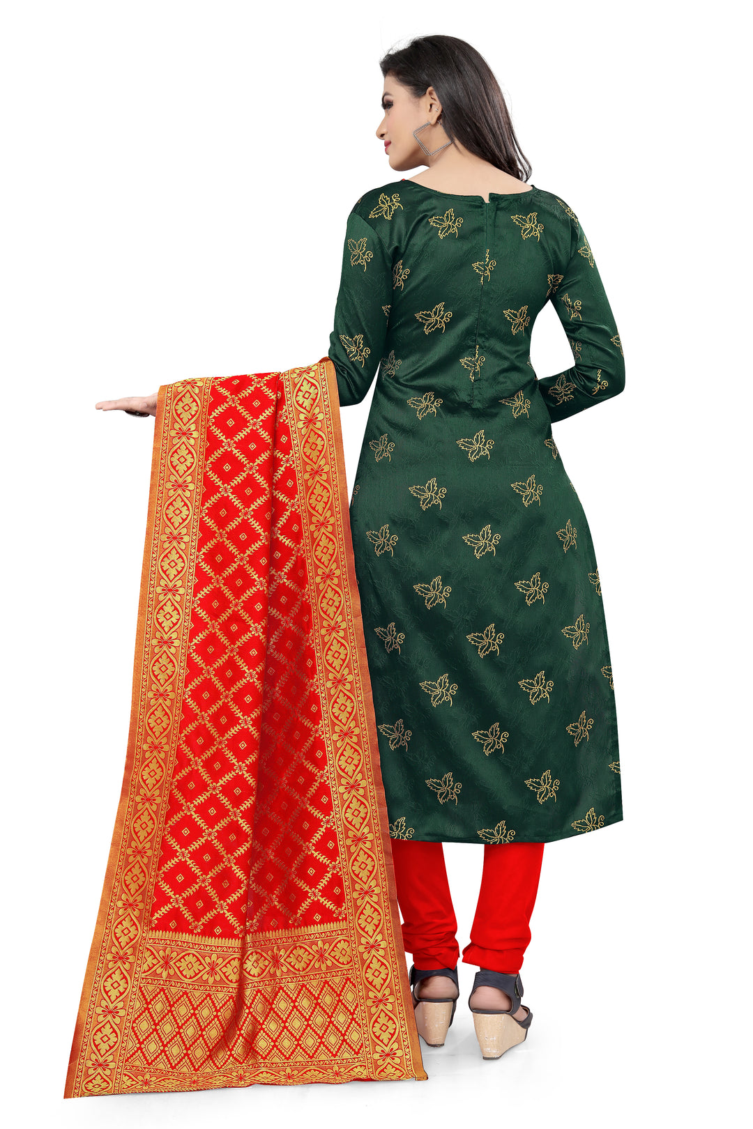 Designer Banarasi Silk Green Kurti Set | Woven Jacquard Dupatta Included