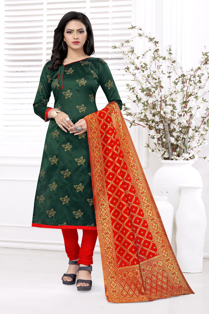 Designer Banarasi Silk Green Kurti Set | Woven Jacquard Dupatta Included