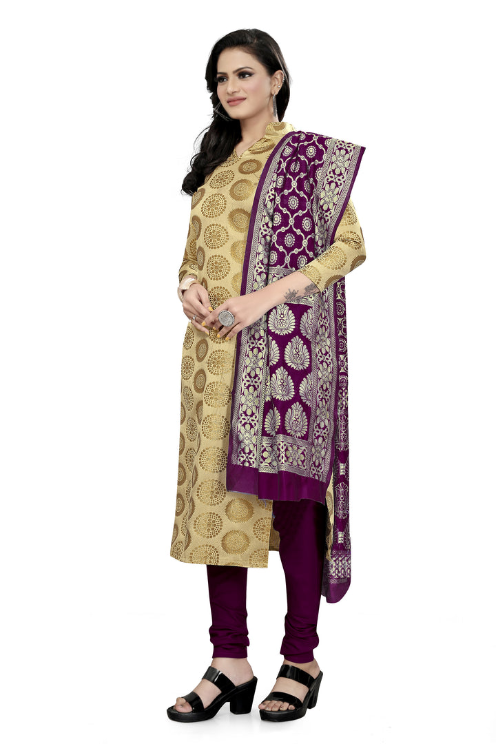 Luxurious Banarasi Silk Beige Kurti Set | V-Neck & Jacquard Dupatta