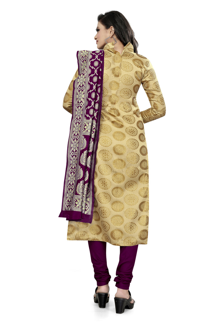 Luxurious Banarasi Silk Beige Kurti Set | V-Neck & Jacquard Dupatta