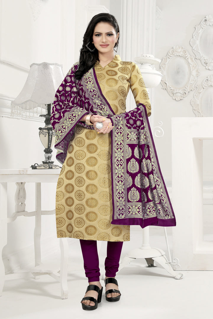 Luxurious Banarasi Silk Beige Kurti Set | V-Neck & Jacquard Dupatta