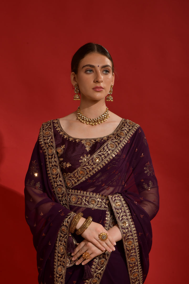 Georgette Saree with Mono-Banglori Blouse | Sequined Coding Embroidery for Weddings