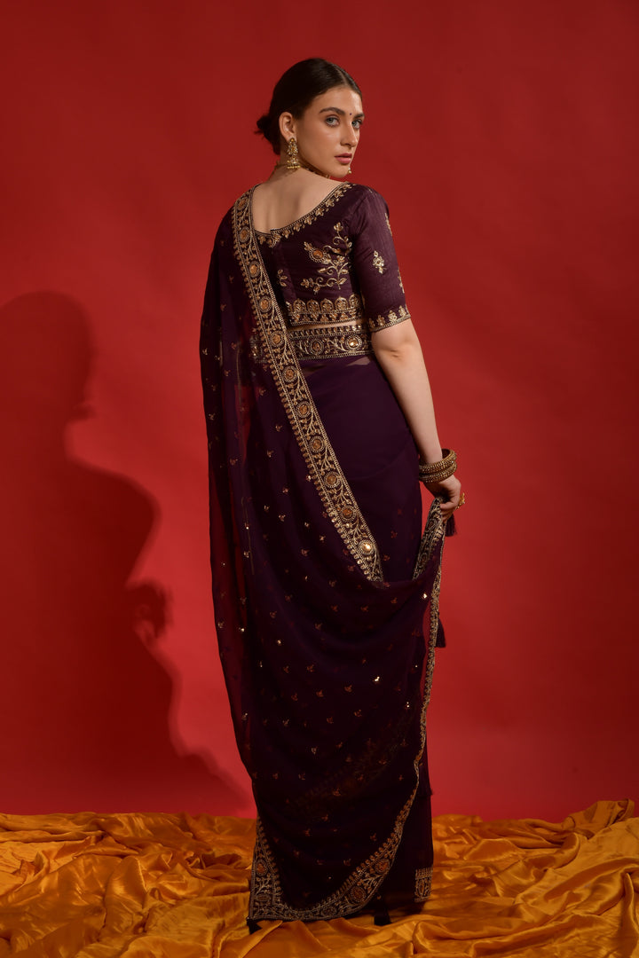 Georgette Saree with Mono-Banglori Blouse | Sequined Coding Embroidery for Weddings