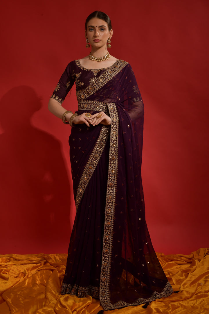 Georgette Saree with Mono-Banglori Blouse | Sequined Coding Embroidery for Weddings