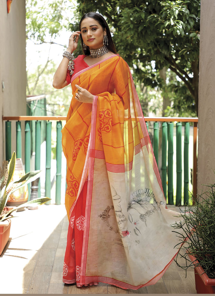 Linen Digital-Printed Saree | Wedding & Festive Traditional Elegance