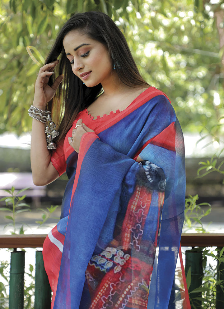 Linen Saree with Digital Print | Perfect for Weddings and Special Events