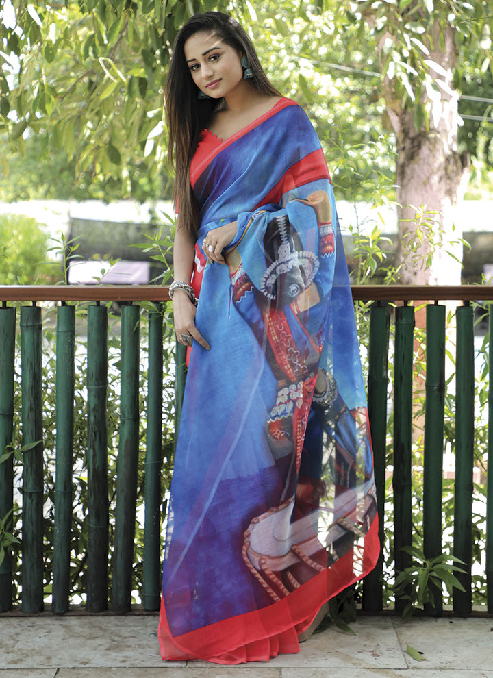 Linen Saree with Digital Print | Perfect for Weddings and Special Events