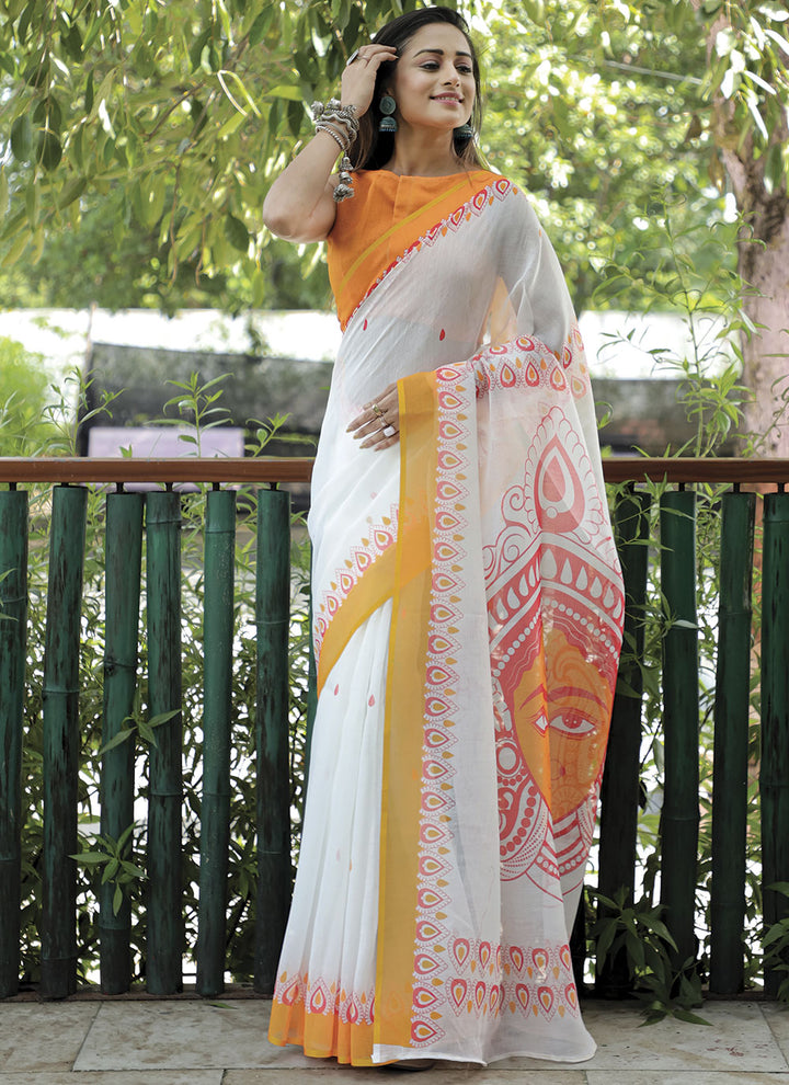 Linen Saree with Digital Print | Elegant for Parties and Weddings