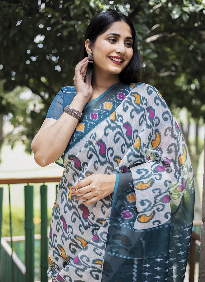 Linen Digital-Printed Saree for Special Events | Elegant Party Attire