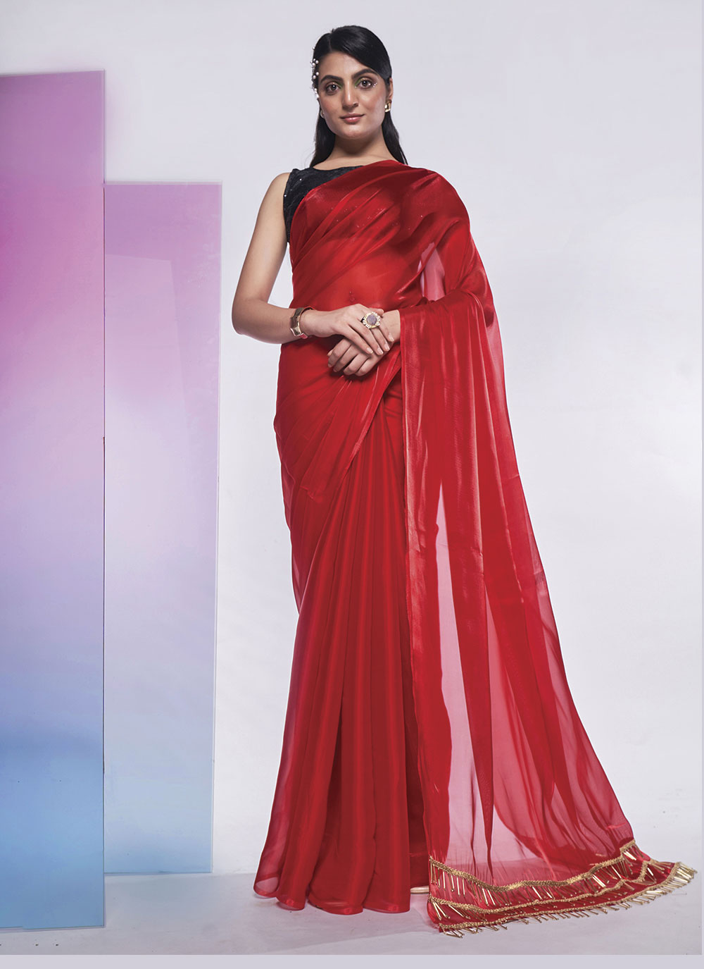 Elegant Jimmy-Choo Solid-Designer Saree | Art-Silk Blouse for Special Events