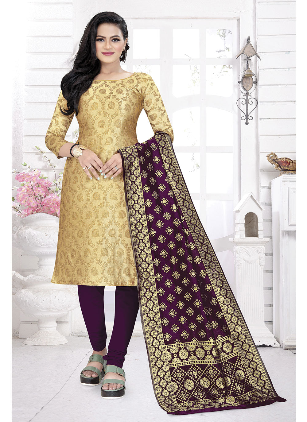 Modern Banarasi Silk Kurti Set | Woven Jacquard & Tafetta Bottom