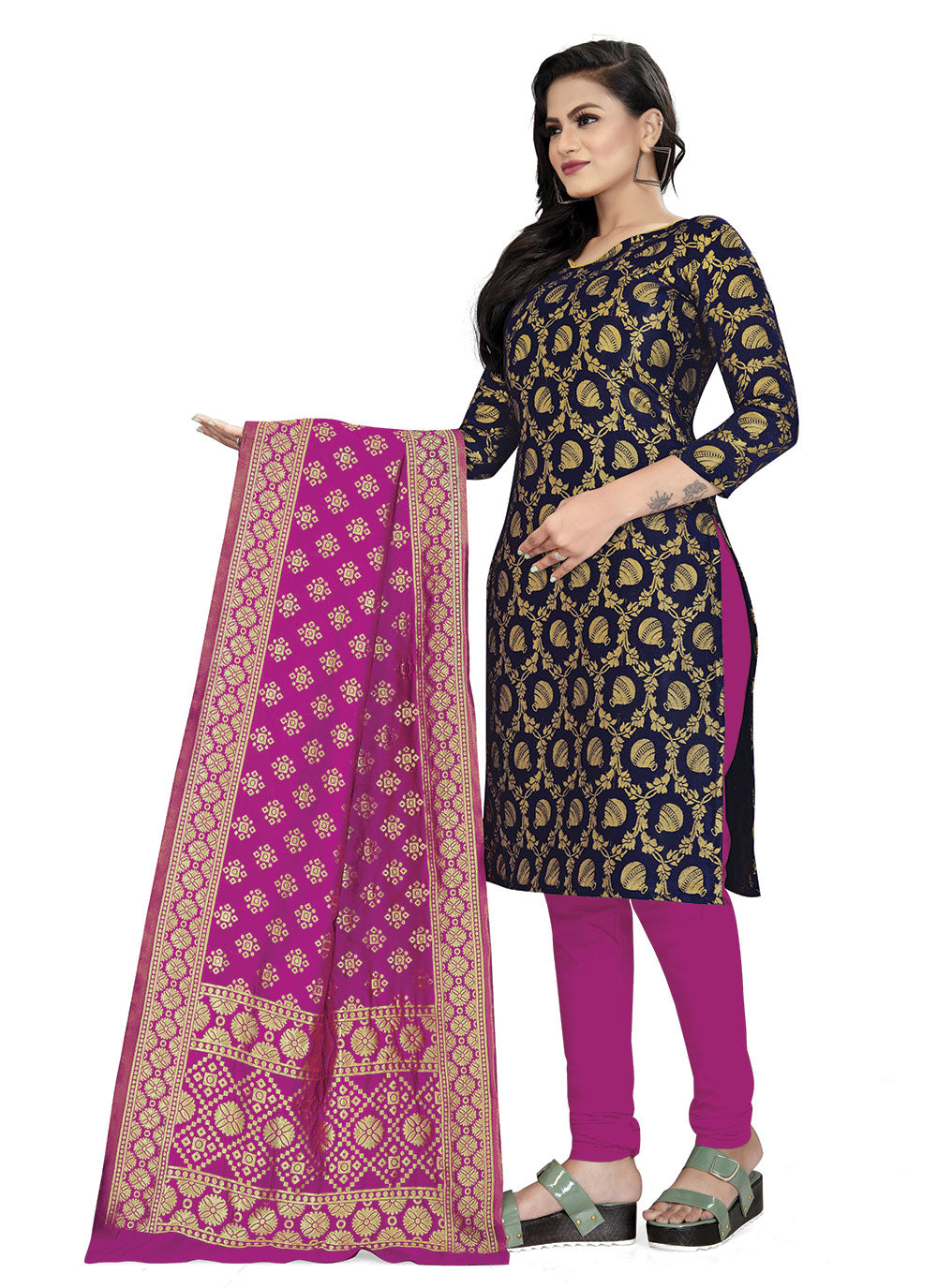 Modern Banarasi Silk Kurti Set | Woven Jacquard & Tafetta Bottom