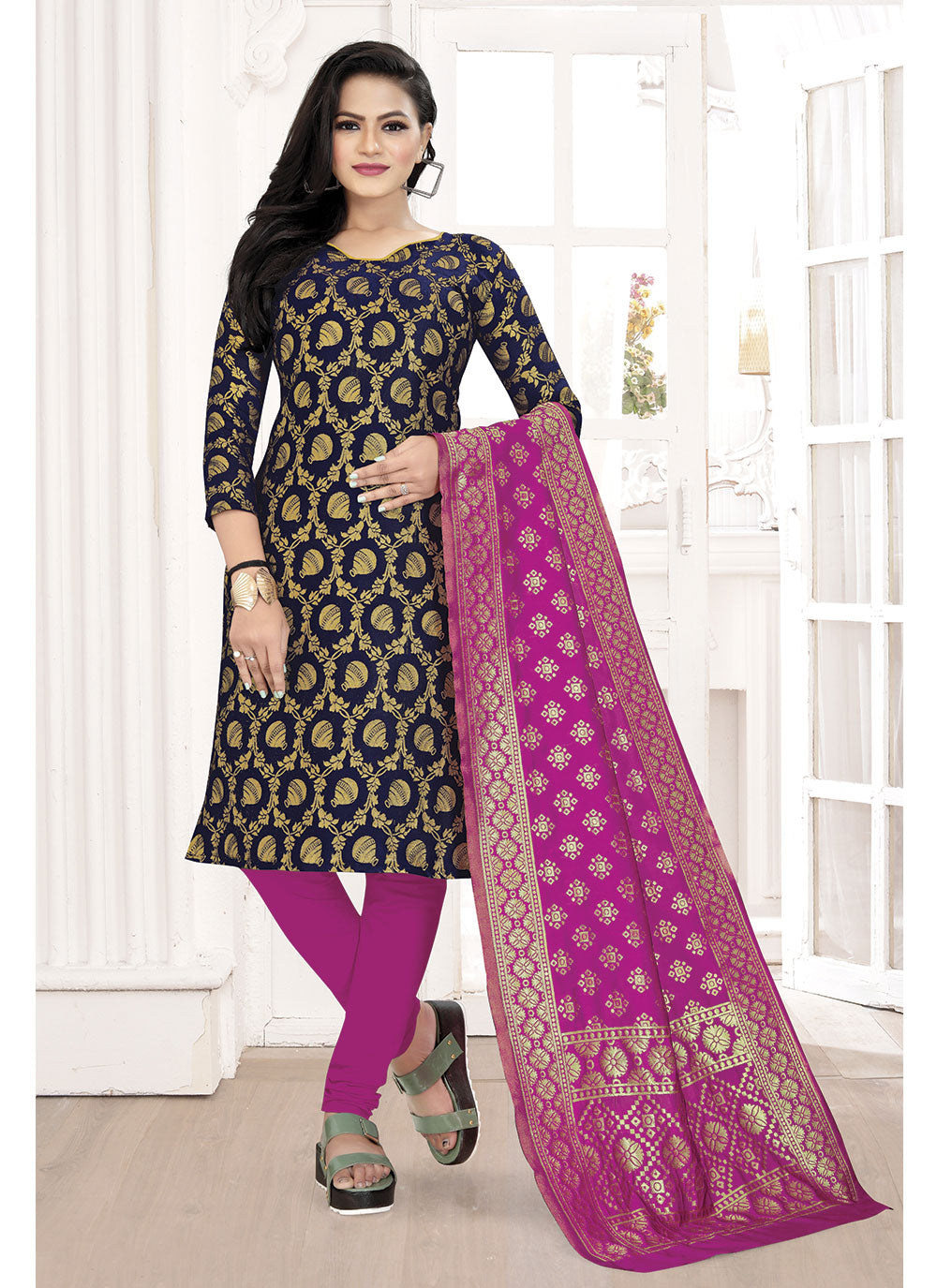 Modern Banarasi Silk Kurti Set | Woven Jacquard & Tafetta Bottom