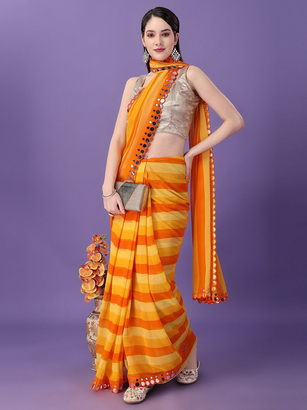 Lahriya Printed Georgette Saree with Jari Brocade Blouse | Party & Wedding