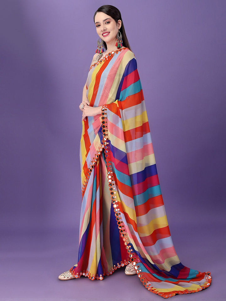 Lahriya Printed Georgette Saree with Jari Brocade Blouse | Festive Elegance