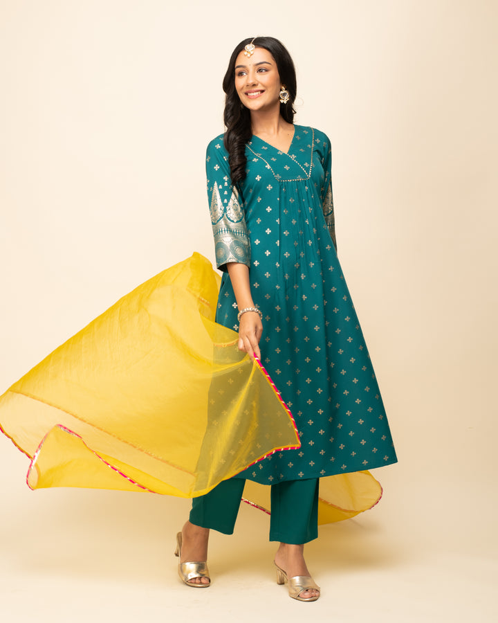 Designer Foil Printed Readymade Suits | Teal Crepe Top & Organza Dupatta