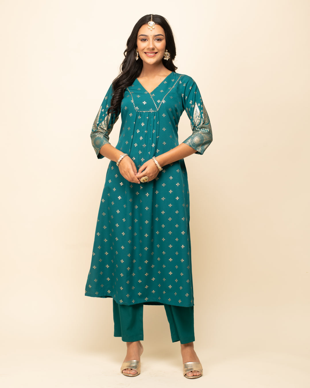 Designer Foil Printed Readymade Suits | Teal Crepe Top & Organza Dupatta