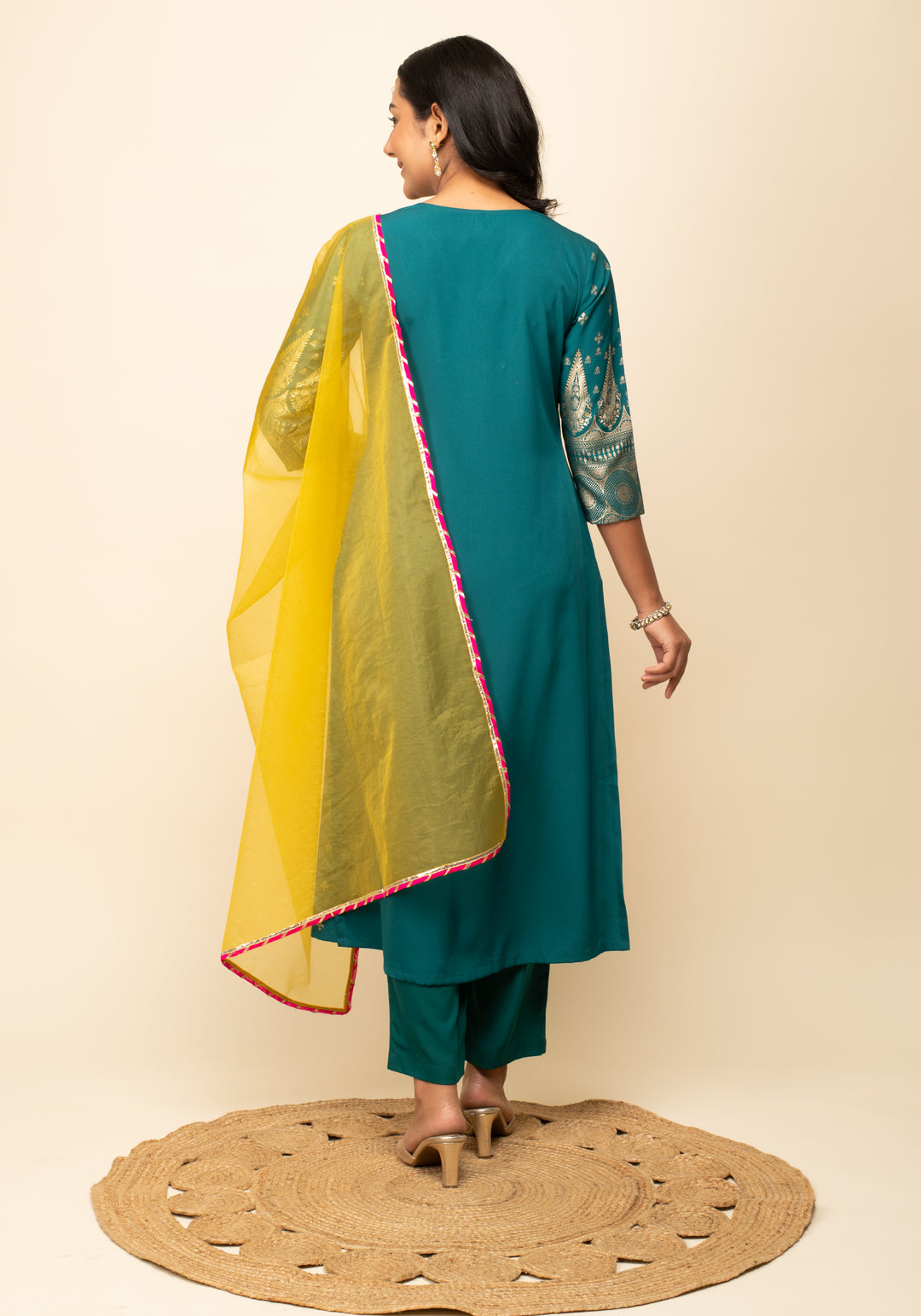 Designer Foil Printed Readymade Suits | Teal Crepe Top & Organza Dupatta