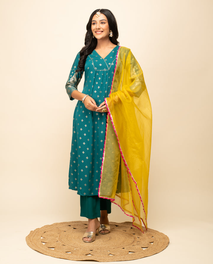 Designer Foil Printed Readymade Suits | Teal Crepe Top & Organza Dupatta