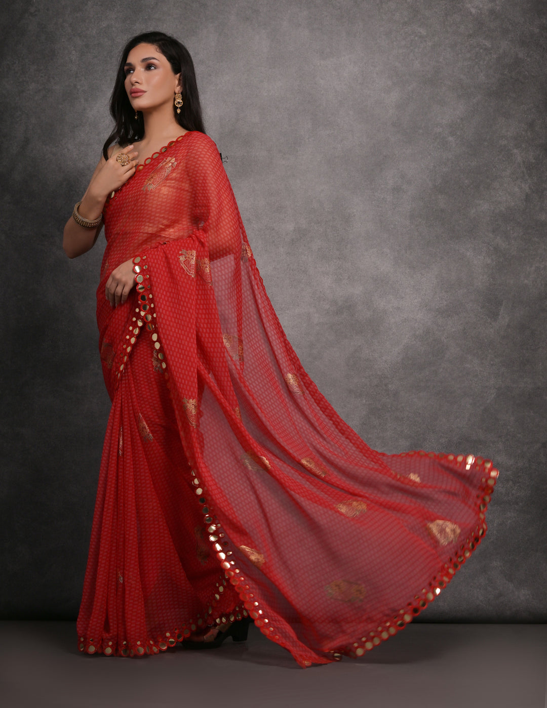 Designer Georgette Saree | Satin Gotta Blouse with Foil Printed Design