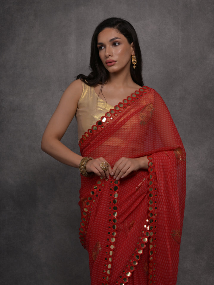 Designer Georgette Saree | Satin Gotta Blouse with Foil Printed Design