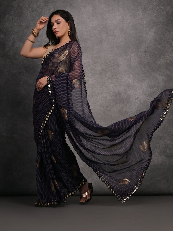 Designer Georgette Saree | Satin Gotta Blouse with Foil Printed Design