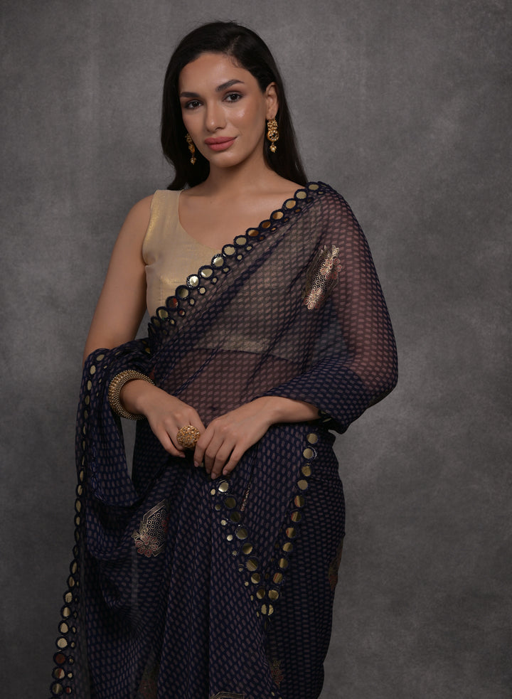 Designer Georgette Saree | Satin Gotta Blouse with Foil Printed Design