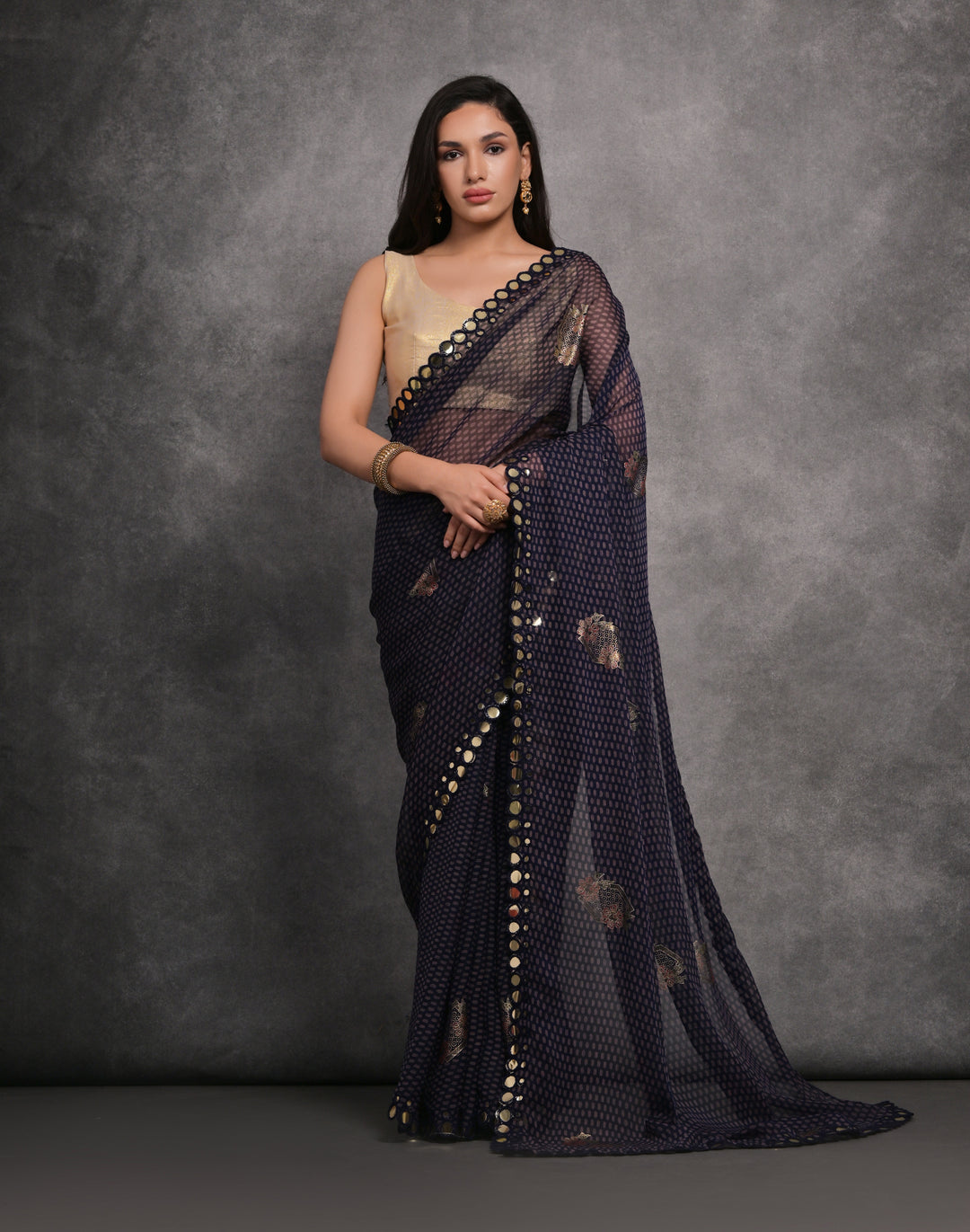 Designer Georgette Saree | Satin Gotta Blouse with Foil Printed Design